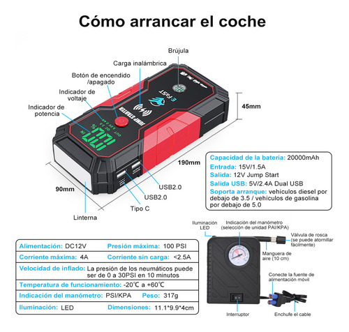 Himicar Arrancador De Batería Portátil 5000a Inflador 100psi