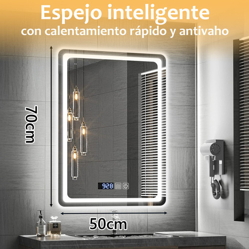 Espejo LED de baño Dashline® Touch Tricolor de 50 x 70 cm con antivaho y hora