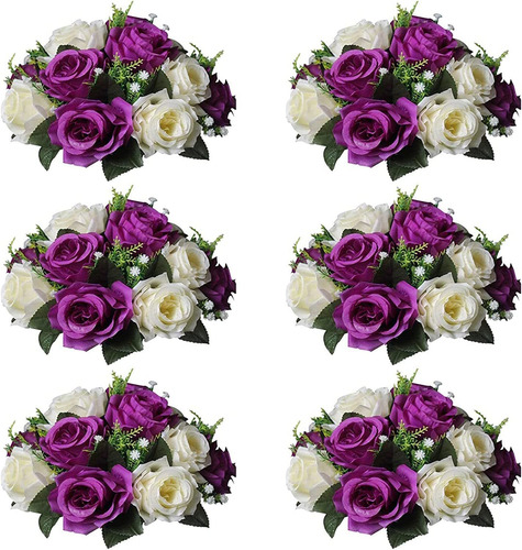 Flores Artificiales 15 Cabezas De Rosas Purp Y Blan Pack 6u.