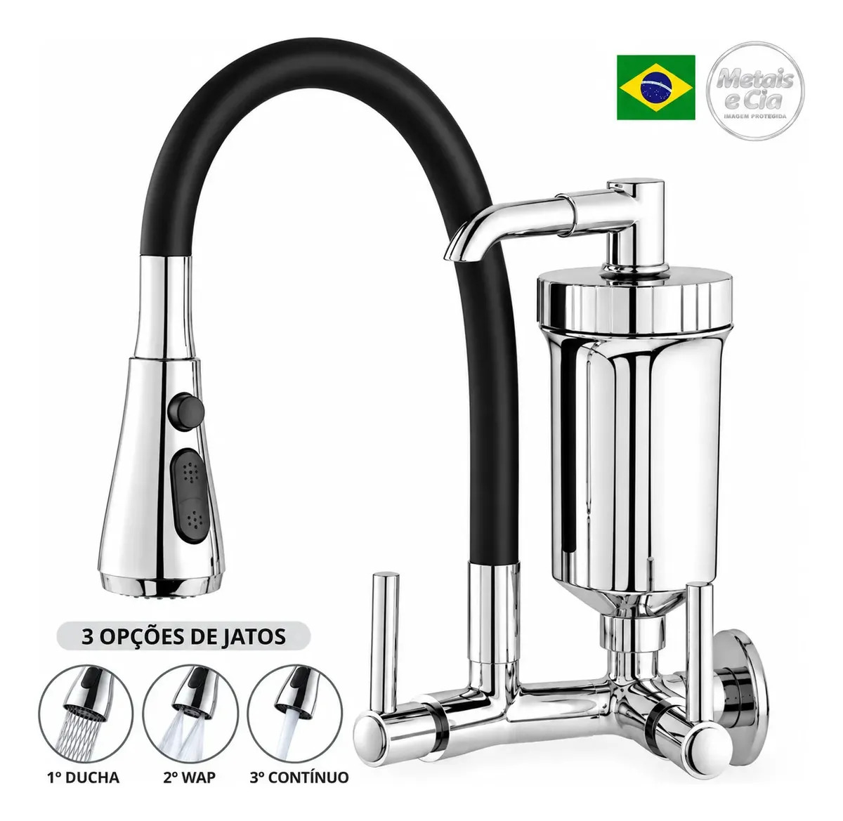Torneira Com Filtro 3 Jatos Para Cozinha Gourmet de Parede Preta Silicone Flexível Bica Móvel 3 Jatos Modelo Moderno para Pia Água Fria