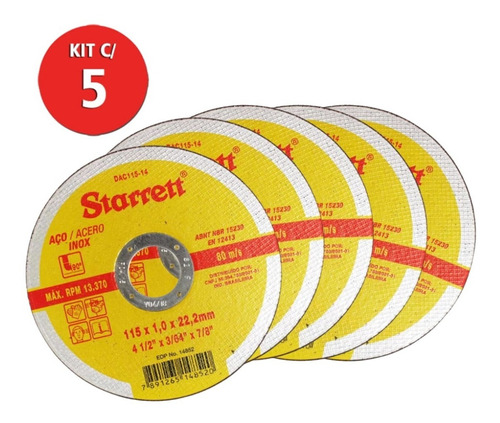 Disco De Corte 4.1/2 X 3/64 X 7/8 Starret Kit 5 Unidades