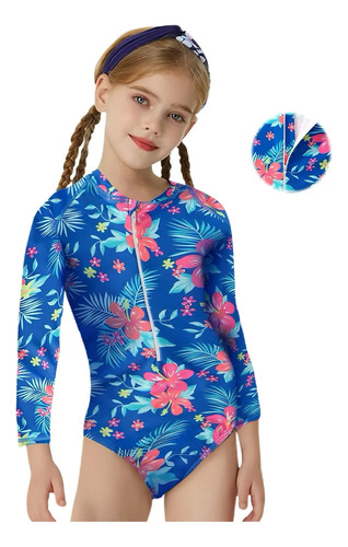 Traje De Baño Niñas Manga Larga Estampado Uv Playa