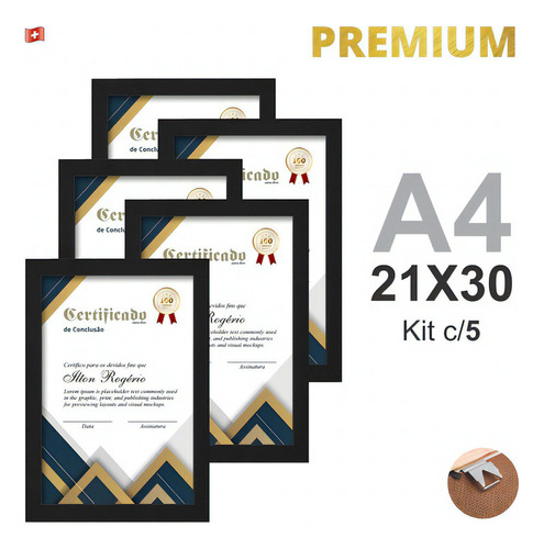 Kit 5 Molduras Quadros A4 Certificados Vidro 21x30cm 24hr Cor Preto