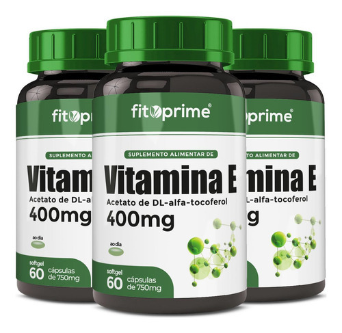 O Kit de 3 Vitamina E apresenta cápsulas de 400mg, cada uma contendo 400 UI de Vitamina E altamente conveniente. Com um total de 60 cápsulas por frasco.