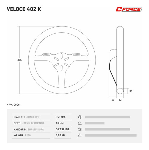 Imagen 2 de 3 de Volante Deportivo Veloce 402 K Aro Aluminio Picadas Collino