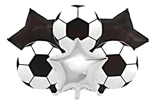 Set Globos Pelota De Futbol Y Estrellas Metalizadas X6 Color Blanco Y Negro