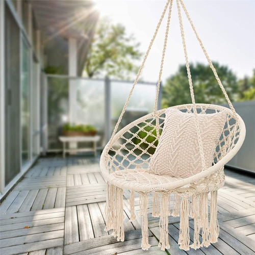 Tapcet Hamaca Columpio, Silla Colgante De Macramé Con Cuerda De Algodón Colgante, Hamaca Columpio Para Exteriores, Interiores, Jardín, Patio Y Hogar, Máximo 330 Libras (cojín No Incluido) (beige)