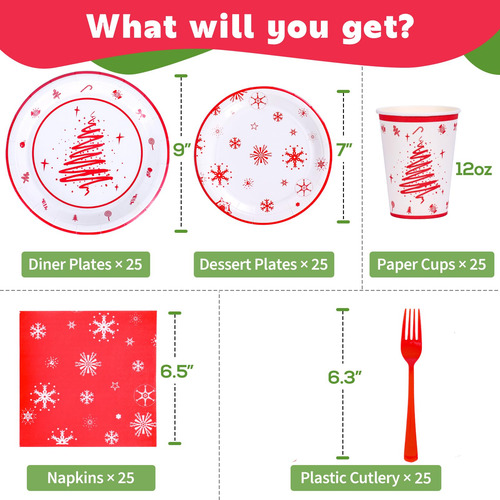 Vajilla Navidad 25 Personas Platos Tazas Servilletas Mmg