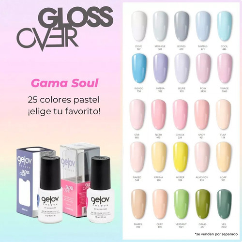Gama Soul Gelov Gel Para Uñas 25 Tonos Pastel 15g Gloss Over Color BONES 679
