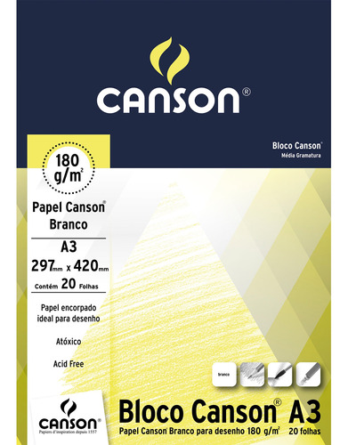 Bloco Papel Canson Desenho Branco A3 180g 20 Folhas