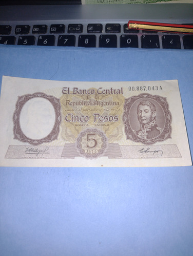 Argentina  Billete $5 1960 Mínima Circulación Muy Bueno++