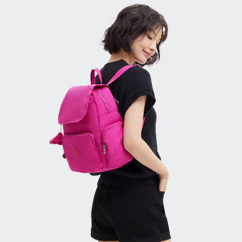 Kipling Mochila City Zip Tamaño Chica 100% Color Glowing Fuchsia Diseño de la tela Color Sólido