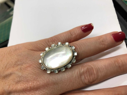 Imagem 3 de 5 de Anel Feminino Madrepérola Marcassita Prata De Lei 925 19