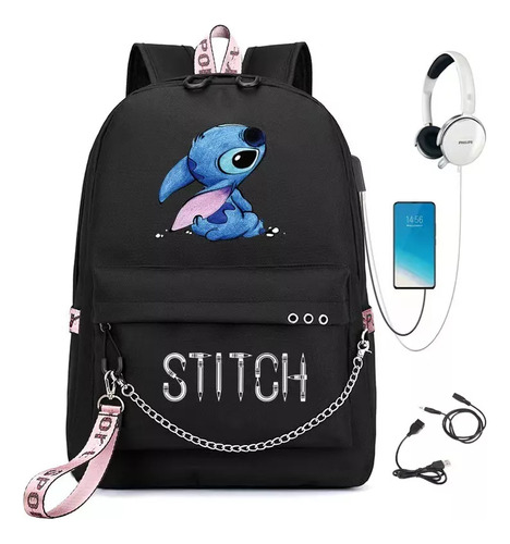 Mochila Escolar Stitch Usb Para Portátil De 14 Pulgadas