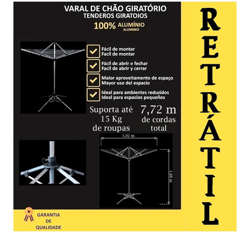 Imagem 2 de 6 de Varal De Chão Giratório 100% Em Alumínio 9 Cordas Reforçado