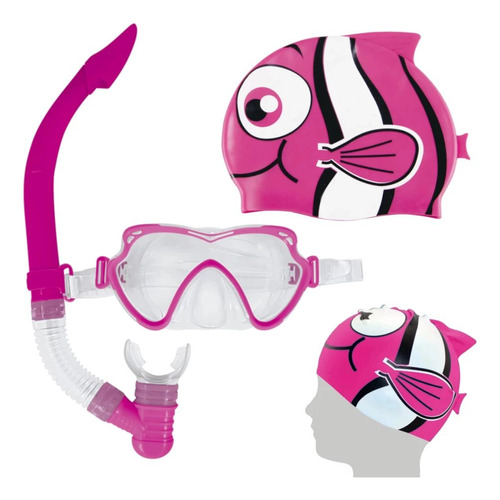 Máscara Mergulho,snorkel Rosa,touca De Natação Peixinho Rosa