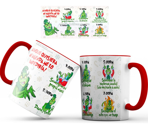 Mug Pocillo Grinch Agenda Oreja Interior Rojo Navidad Taza 