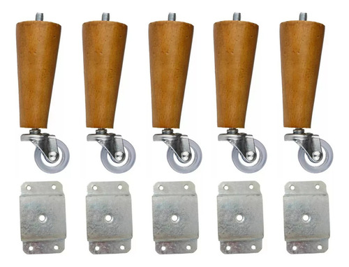 5 Pé Palito 10cm Pinus Com Rodinha Chapinha De Metal Cor Amêndoa Marrom Claro