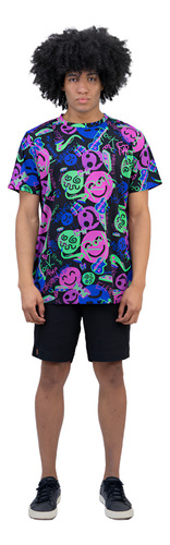Camiseta Estampada Masculina Algodão Full Print Crazy Smile