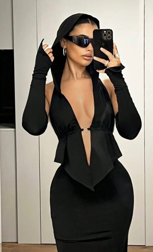 Vestido Top Con Capucha Pollera Larga Mangas Importado Sexy