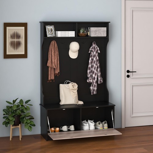 Hall Tree Multifuncional Con Perchero Y Banco Negro 5 Gancho