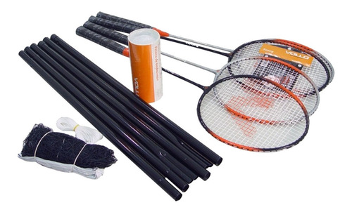 Imagem 1 de 8 de Kit Badminton 4 Raquetes + 3 Petecas De Nylon Vollo Vszr004