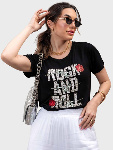 Blusa Rock And Roll Rosas Com Pedrarias Bordada À Mão