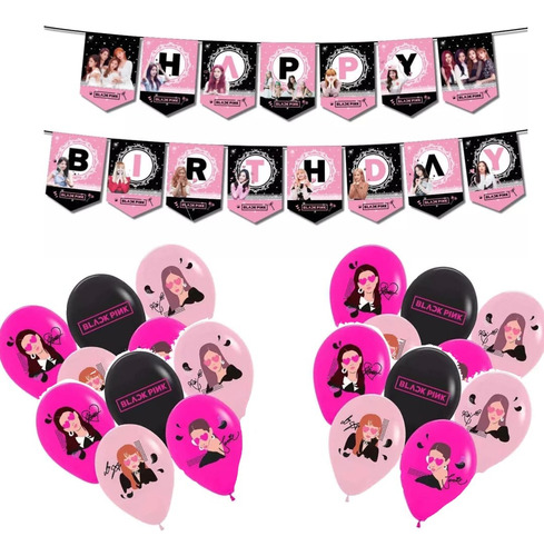 Set De Globos Látex + Banderín Black Pink Cumpleaños