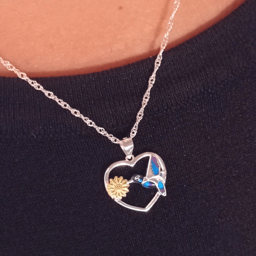 Collar De Plata Corazón Colibrí Zircón Y Margarita