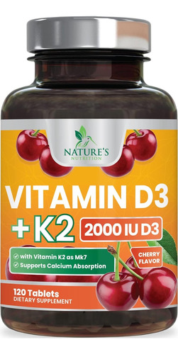 Vitamina K2 + D3 (120 Tabletas) Natures Nutrition Hecho E.u.