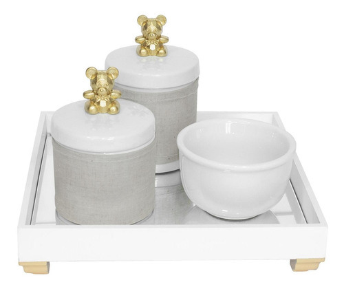 Kit Higiene Bebê Porcelanas Algodão Bandeja Ursinho Dourado