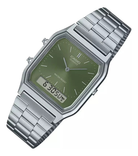 Reloj Casio Aq-230a-3a Análogo Digital Plateado Retro Fondo Verde Musgo
