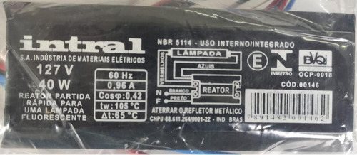 Reator Magnético Uma Lâmpada Fluorescente 40w 127v Intral
