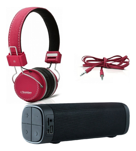 Combo Parlante Bluetooth Y Auriculares Bomber Con Cable Color Rojo