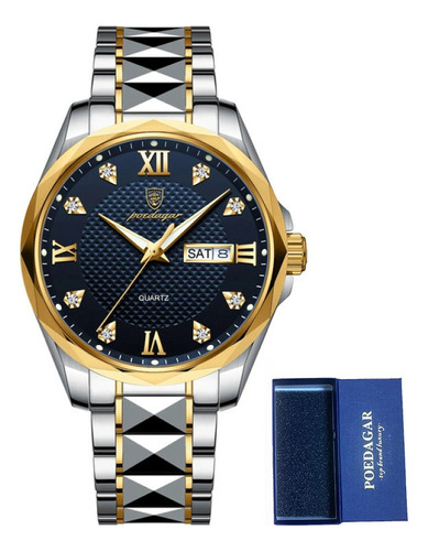 Reloj de pulsera Poedagar 998 de cuerpo color negro, analógico, para hombre, con correa de acero inoxidable color silver golden blue y mariposa