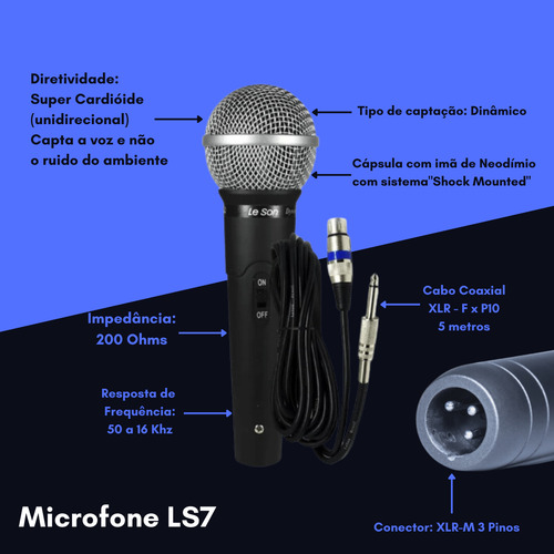 Microfone Dinâmico Leson Ls7 Profissional C/ Cabo Coaxial 5m