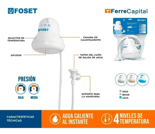 Imagen 2 de 4 de Regadera Eléctrica, 4 Temperaturas, Beige Foset 45156