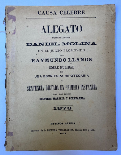 Causa Célebre. Alegato Daniel Molina/raymundo Llanos. 1873.