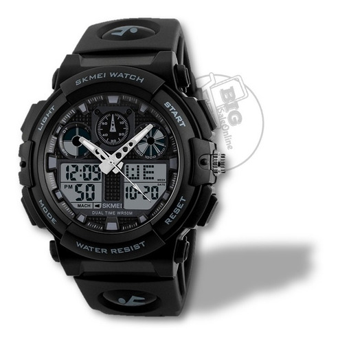 Reloj pulsera Skmei 1270 de cuerpo color negro, analógico-digital, para hombre, fondo negro, con correa de poliuretano color negro, agujas color gris y blanco, dial gris, subesferas color gris y negro, minutero/segundero gris, bisel color negro, luz celeste y hebilla simple