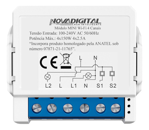 Interruptor Relé Inteligente Wifi 4 Canais Mini Smart Switch MS106  Novadigital