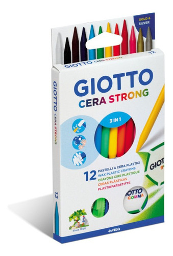 Set De 12 Crayones Giotto Cera Strong + Goma De Borrar 