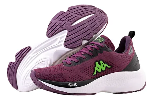 Tenis de corrida roxo com detalhes em verde limão e solado branco