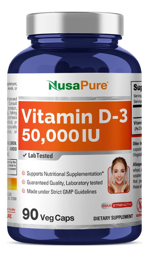 Nusapure Vitamina D3 50,000 Ui 90 Cápsulas Vegetales