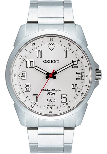 Relógio de pulso Orient MBSS1154A com corpo prata,  analógico, para masculino, fundo  branco, com correia de aço inoxidável cor prata, agulhas cor preto, branco e vermelho, subdials de cor branco e preto, ponteiro de minutos/segundos preto, bisel cor prata e dobrável