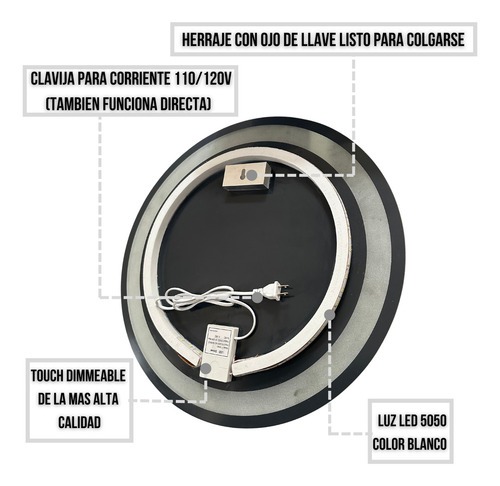 Espejo Led Redondo De Pared Touch Dimmer 70cm Esmerilado Marco Sm
