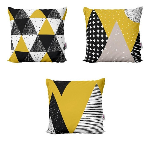 Kit 3 Capas De Almofadas Decorativas Amarelas E Pretas 40x40 Cor Amarelo Geométricas Amarelo e Preto