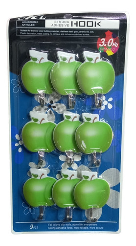 Pack 9 Colgadores Plastico Con Adhesivo Diseño Manzana Verde