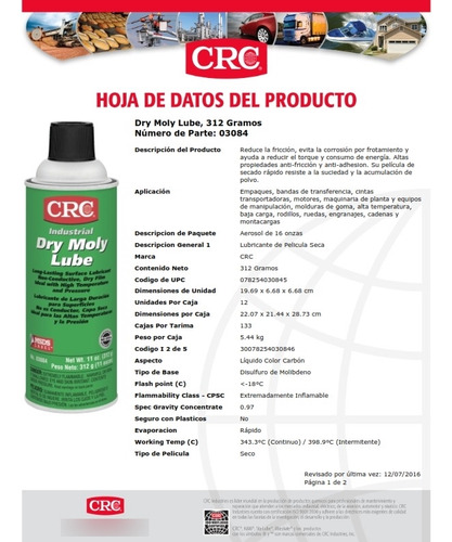 Lubricante Seco De Molibdeno 3084 Crc Industries 12 Pzas.