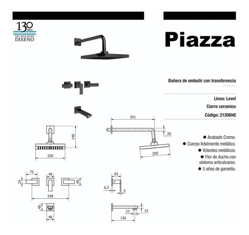 Imagen 3 de 6 de Grifería Para Ducha Negro Piazza Level 21206ne Flor Cuadrada