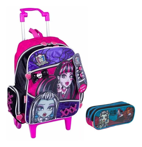 Mochila Monster High Cadarço Rodinhas Tam G + Estojo Duplo